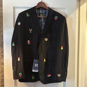 OppoSuits Men's Festive Blue Cord  Blazer with Holiday Embroidery  | 40R